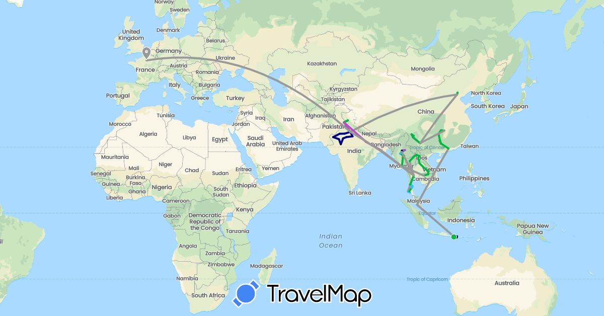 TravelMap itinerary: driving, bus, plane, cycling, train, hiking, boat in China, France, Indonesia, India, Cambodia, Laos, Myanmar (Burma), Malaysia, Singapore, Thailand (Asia, Europe)