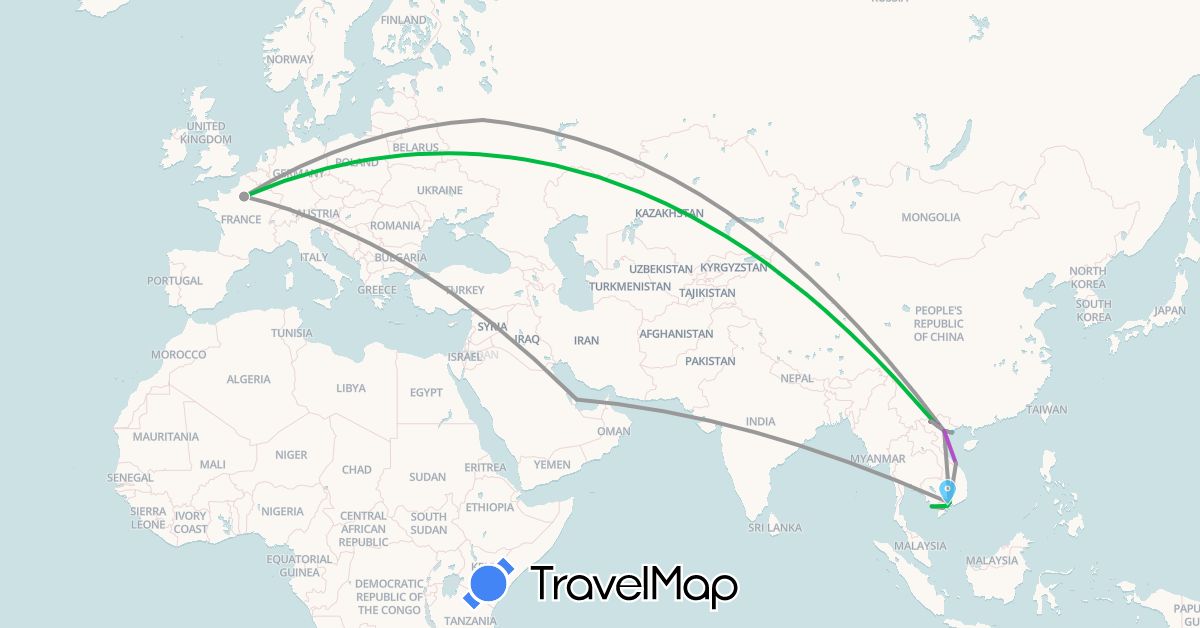 TravelMap itinerary: driving, bus, plane, train, hiking, boat, motorbike in France, Qatar, Russia, Vietnam (Asia, Europe)